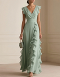 Sage Green Chiffon Ruffled Deep V-Neck Maxi Dress