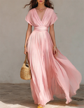 Pink Pleated Chiffon Deep V-Neck Maxi Dress