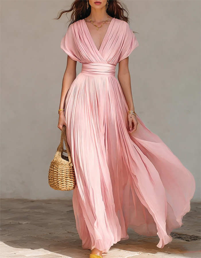 Pink Pleated Chiffon Deep V-Neck Maxi Dress