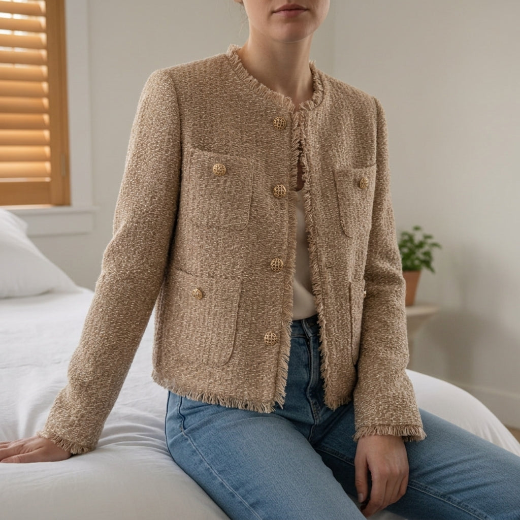 Brown cropped tweed jacket, front view