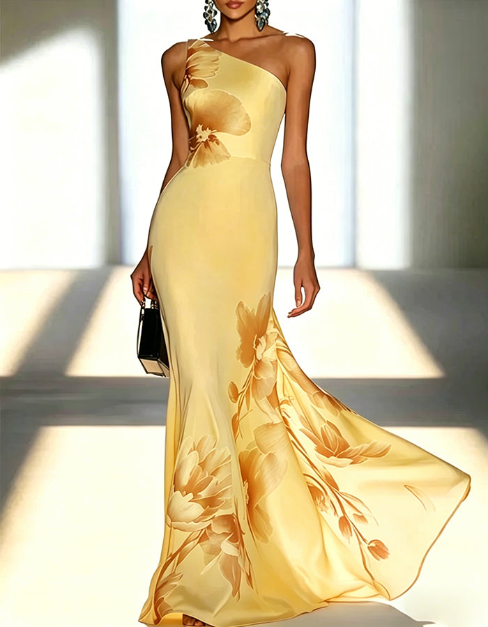 Satin Ink Wash Floral Sloping Shoulder Fishtail Maxi Dress