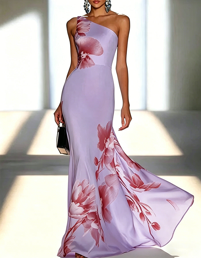 Satin Ink Wash Floral Sloping Shoulder Fishtail Maxi Dress