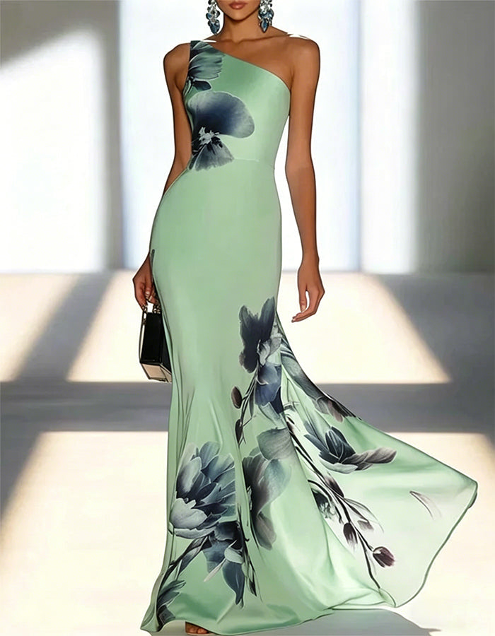 Satin Ink Wash Floral Sloping Shoulder Fishtail Maxi Dress