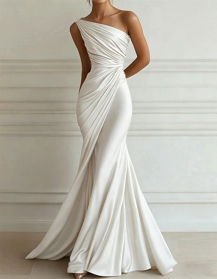 One-Shoulder Stretch Satin Pleats Maxi Dress