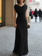 Cowl neck ruched maxi dress in black, front view