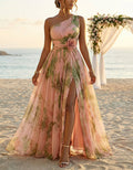 Pink Rose Off-Shoulder Floral Waist Cinching Chiffon Maxi Dress