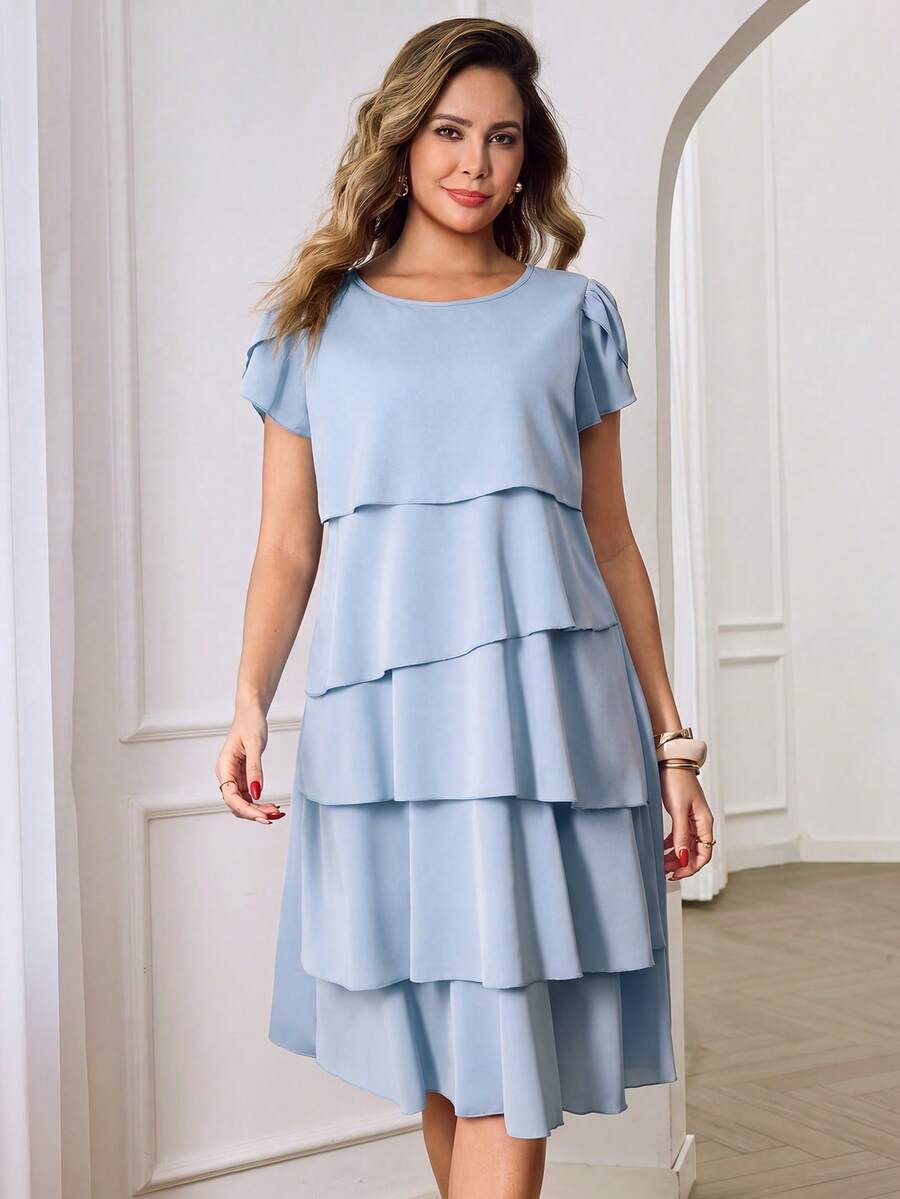 Round Neck Petal Sleeve Midi Tea Dress with Layered Ruffle Hem