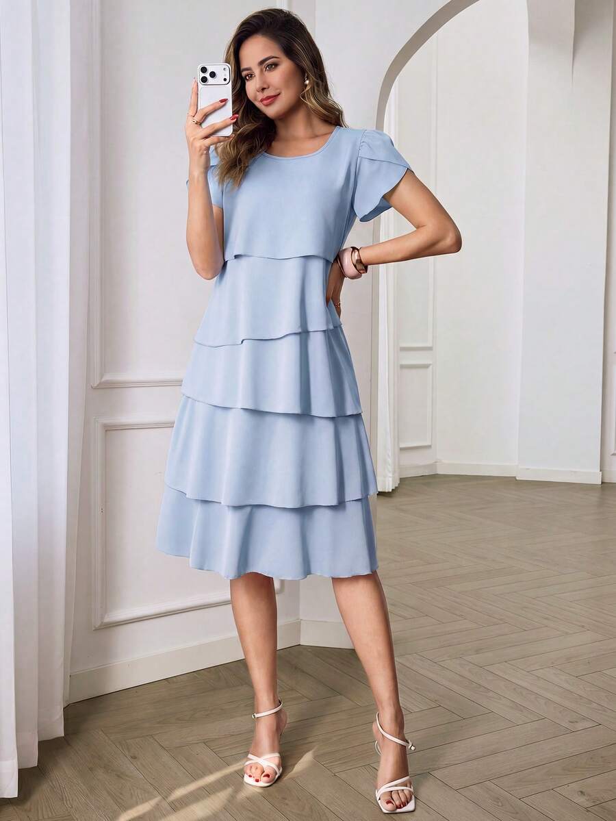 Round Neck Petal Sleeve Midi Tea Dress with Layered Ruffle Hem
