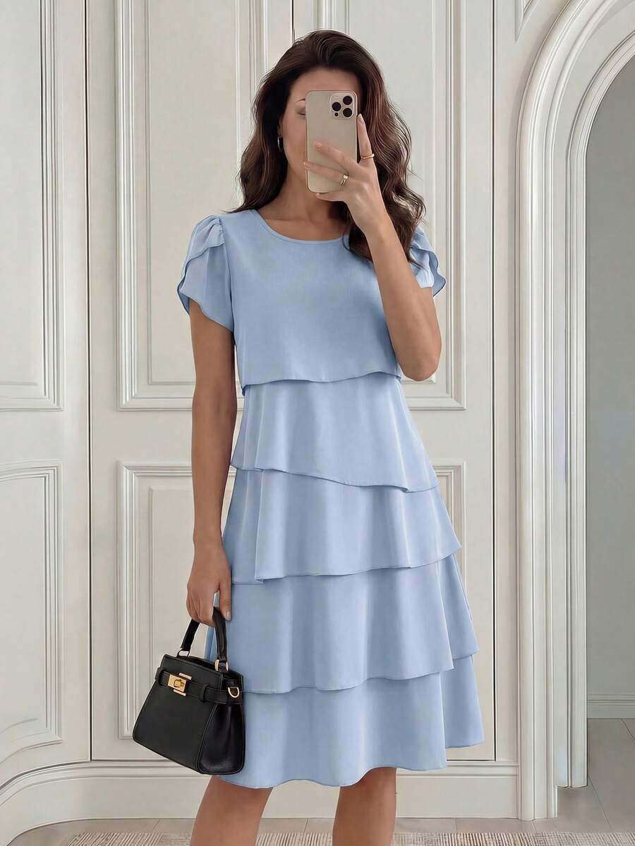 Round Neck Petal Sleeve Midi Tea Dress with Layered Ruffle Hem