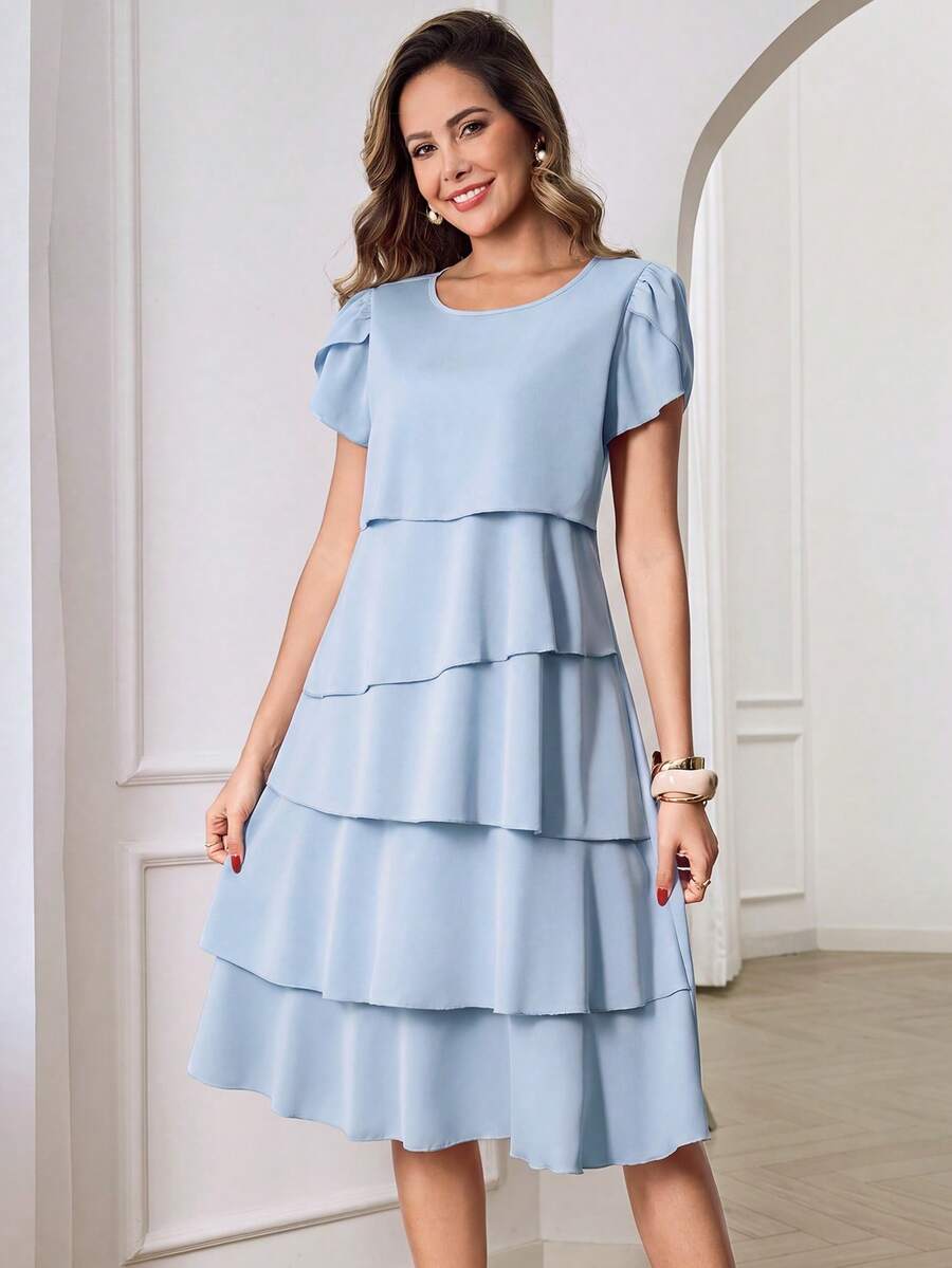 Round Neck Petal Sleeve Midi Tea Dress with Layered Ruffle Hem