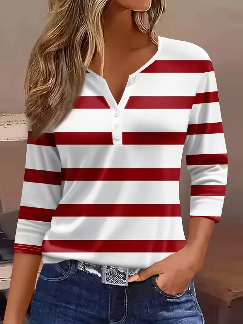 Women's Striped Button Henley Top