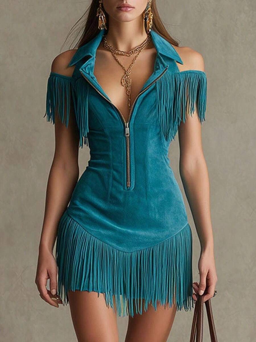 Western Fringe Shorts Jumpsuit with V-Neck