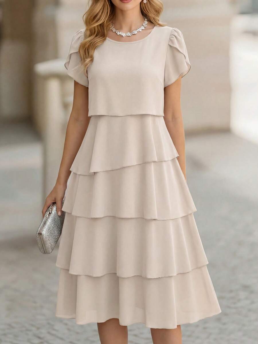 Round Neck Petal Sleeve Midi Tea Dress with Layered Ruffle Hem