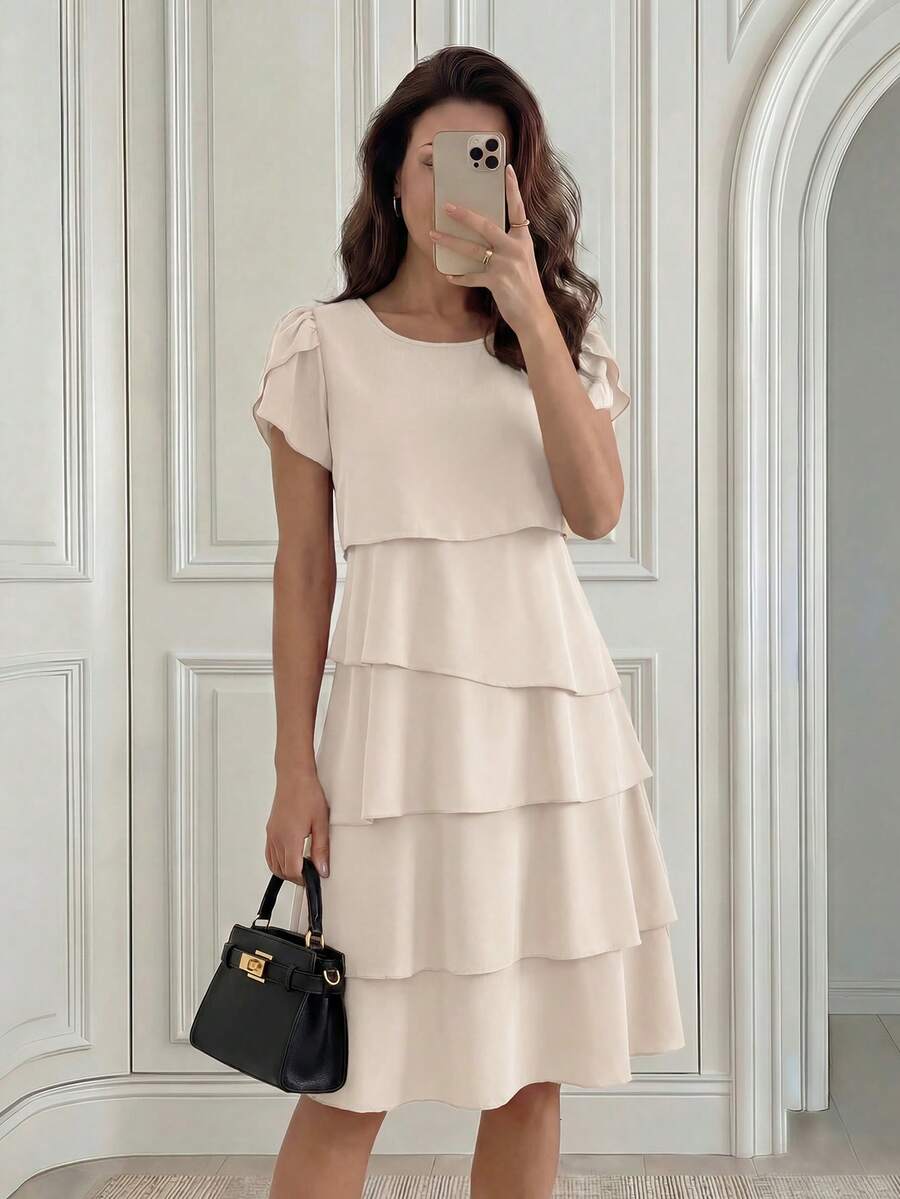 Round Neck Petal Sleeve Midi Tea Dress with Layered Ruffle Hem