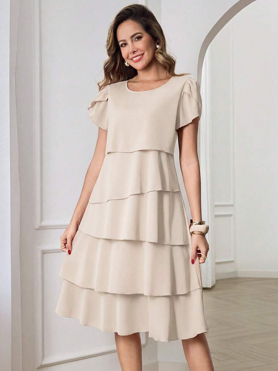 Round Neck Petal Sleeve Midi Tea Dress with Layered Ruffle Hem