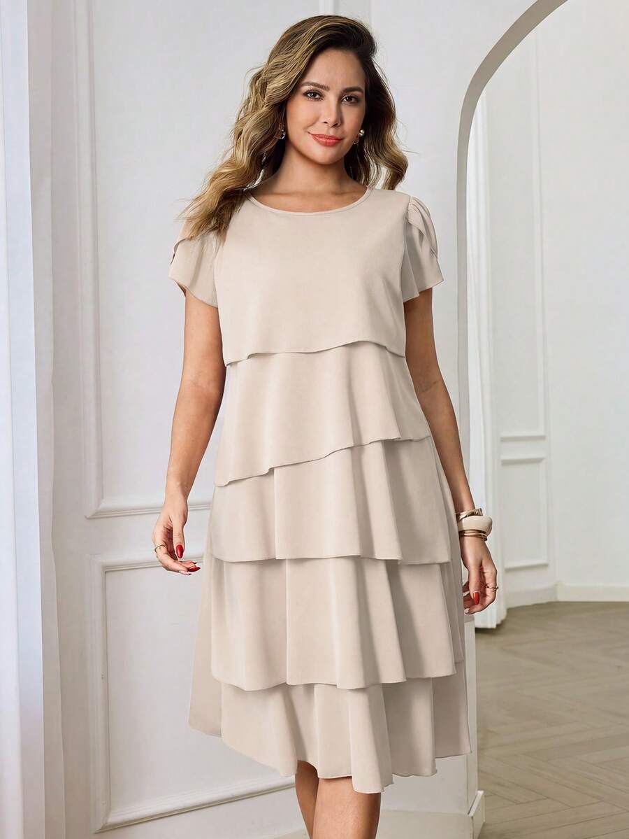 Round Neck Petal Sleeve Midi Tea Dress with Layered Ruffle Hem