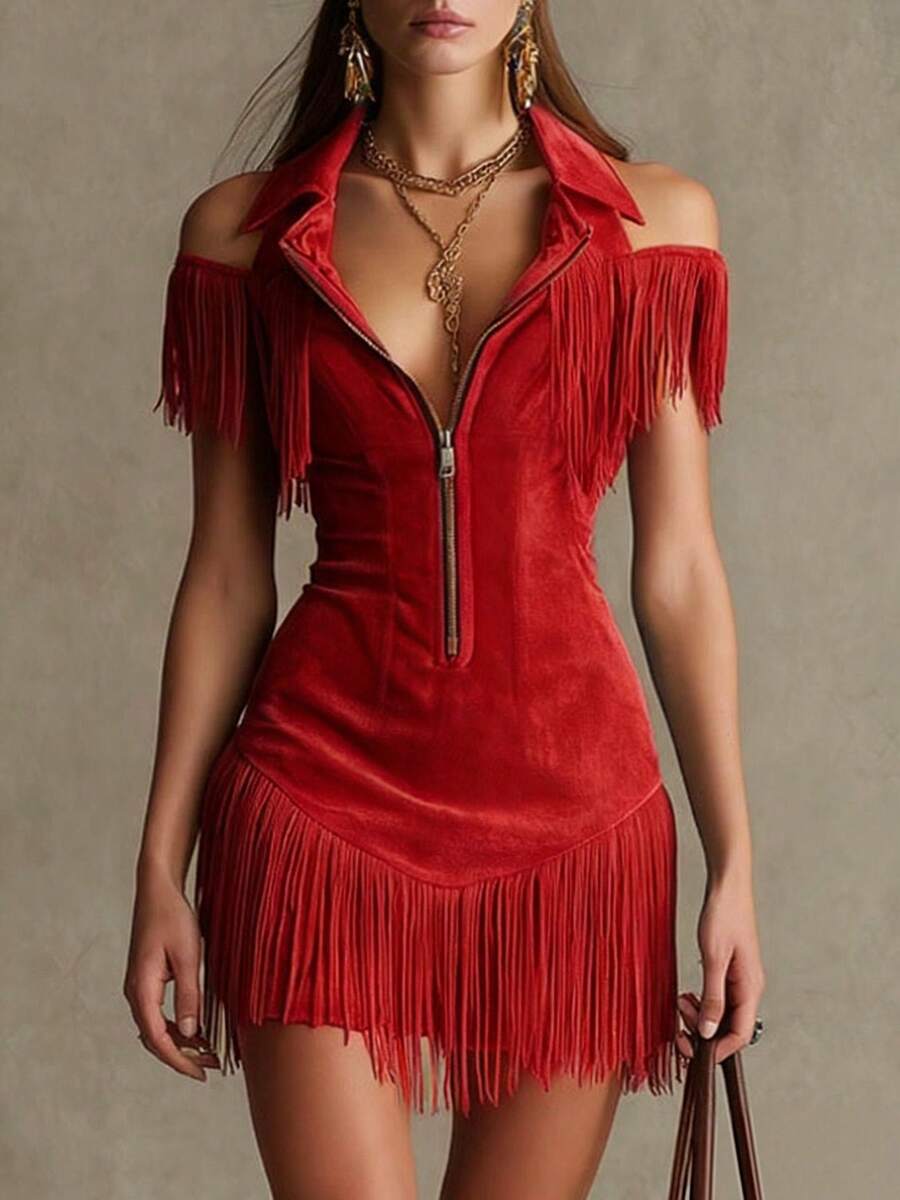 Peacock Blue western fringe shorts jumpsuit, front view