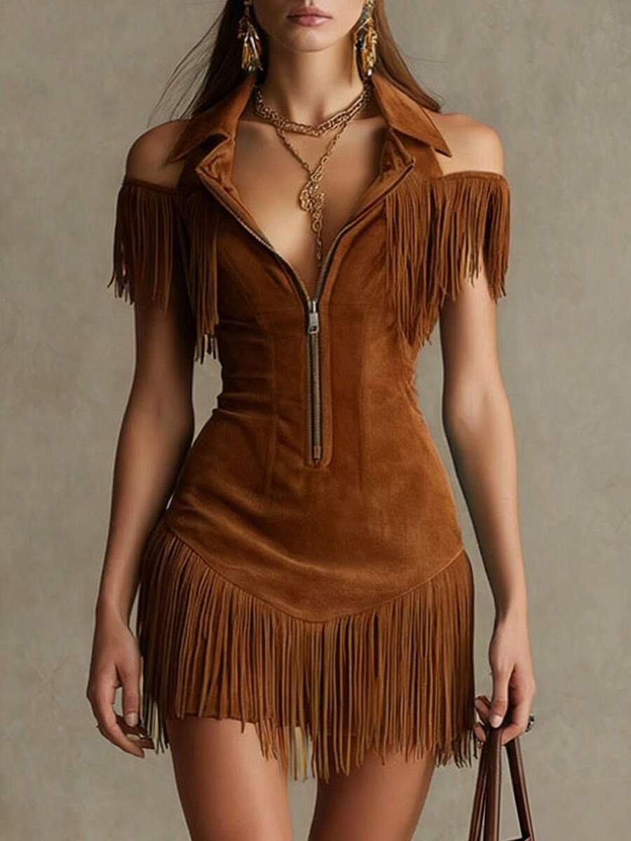 Western Fringe Shorts Jumpsuit with V-Neck