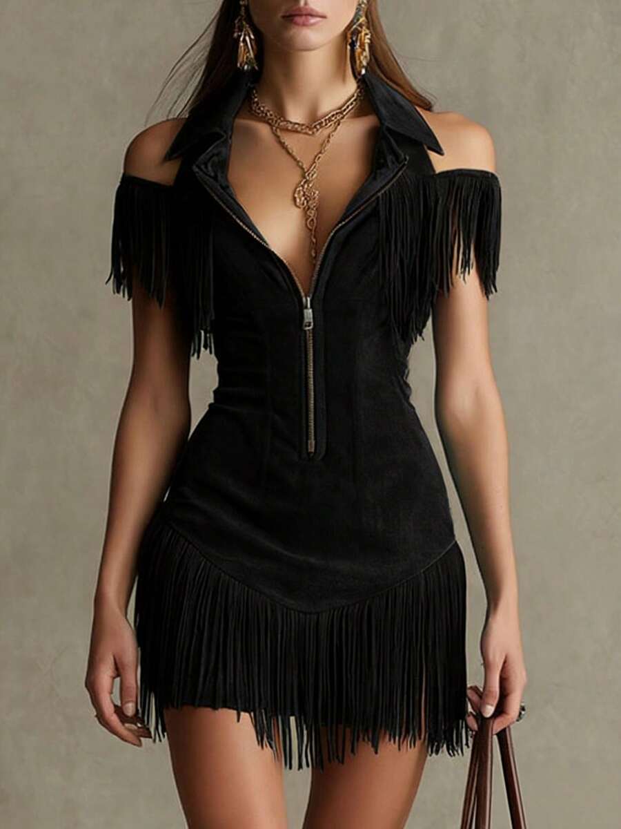 Western Fringe Shorts Jumpsuit with V-Neck