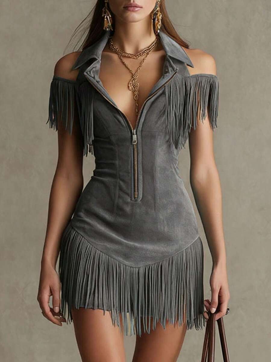 Western Fringe Shorts Jumpsuit with V-Neck