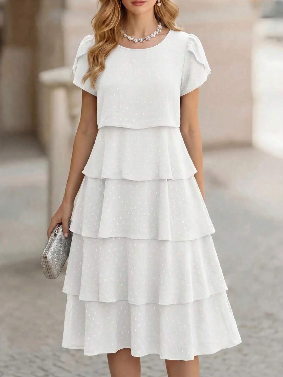 Round Neck Petal Sleeve Midi Tea Dress with Layered Ruffle Hem