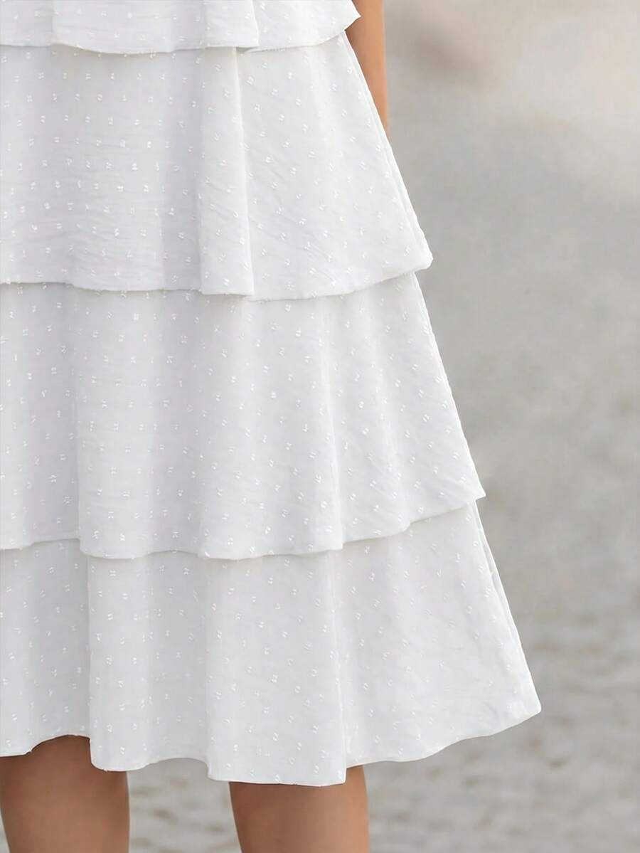 Round Neck Petal Sleeve Midi Tea Dress with Layered Ruffle Hem