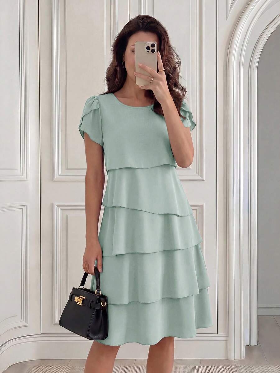 Round Neck Petal Sleeve Midi Tea Dress with Layered Ruffle Hem