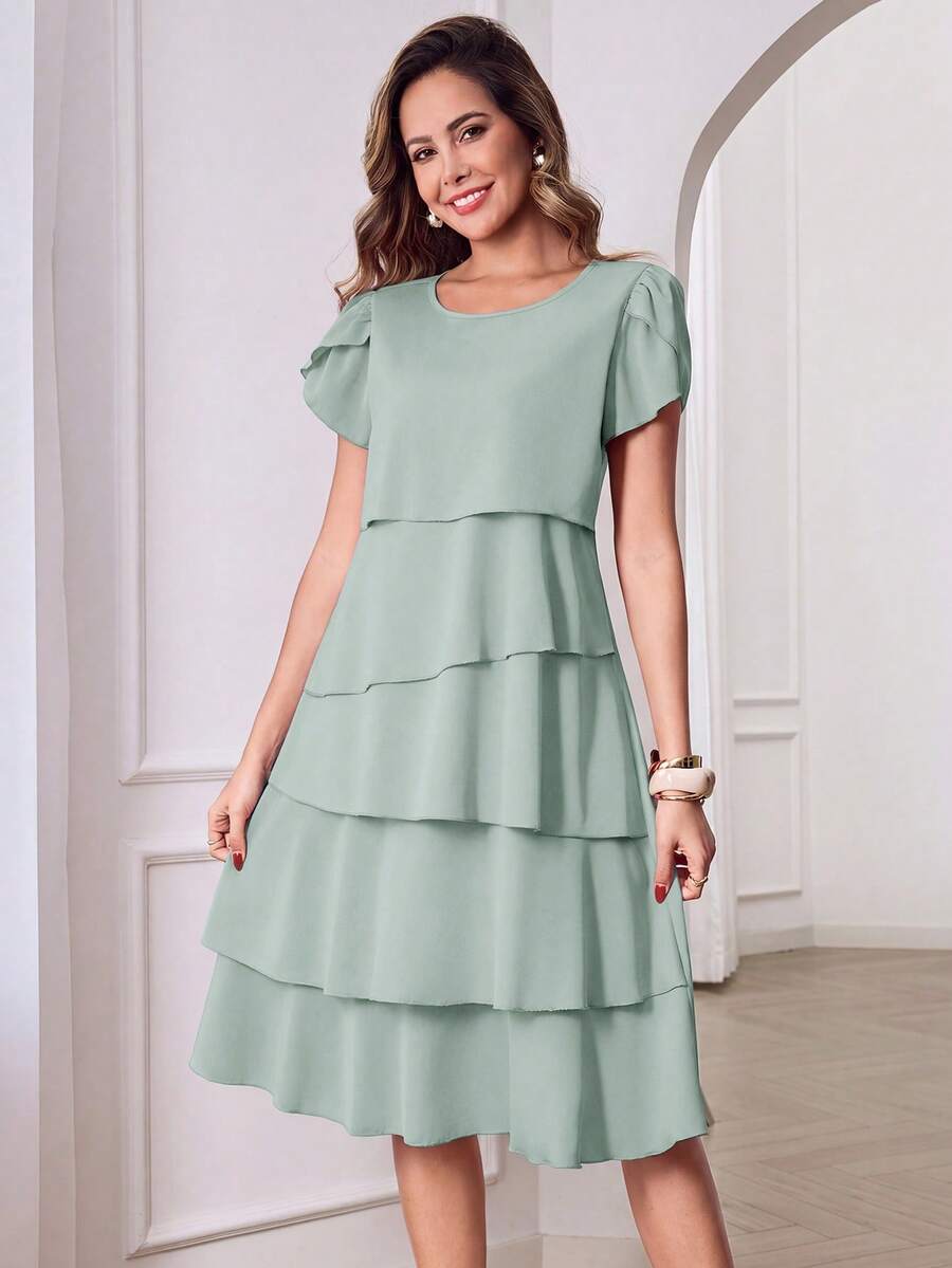 Round Neck Petal Sleeve Midi Tea Dress with Layered Ruffle Hem