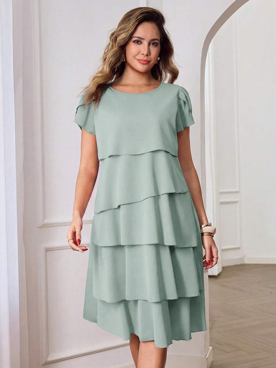 Round Neck Petal Sleeve Midi Tea Dress with Layered Ruffle Hem