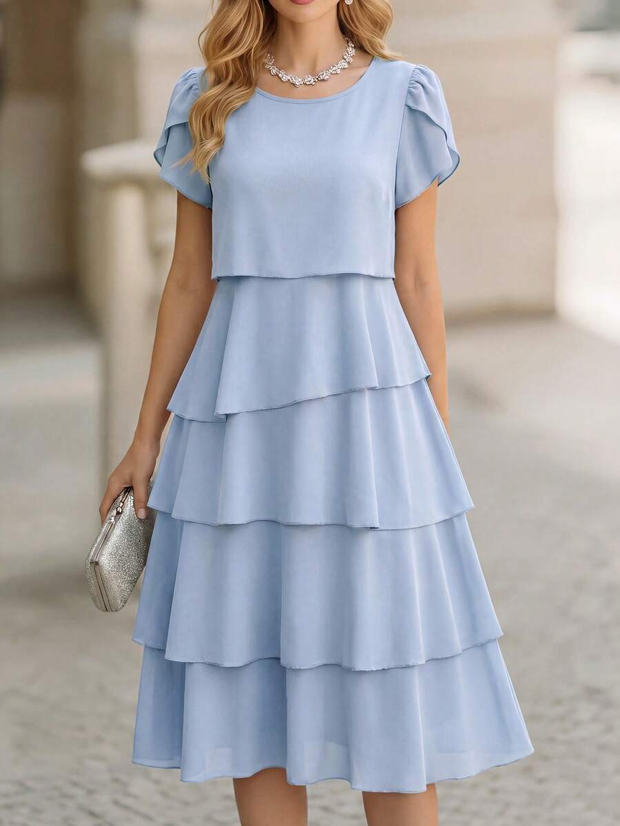 Round Neck Petal Sleeve Midi Tea Dress with Layered Ruffle Hem