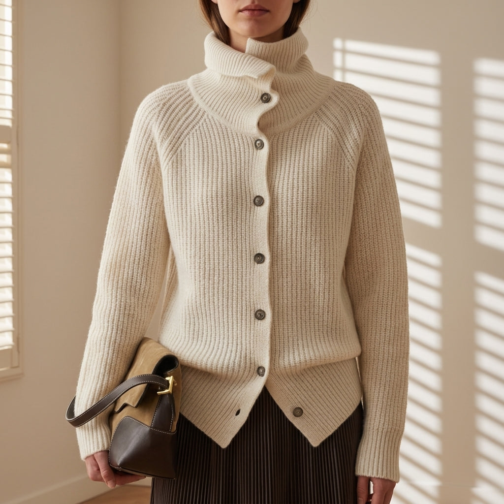 Ivory chunky knit cardigan with button-front and funnel neck, front view