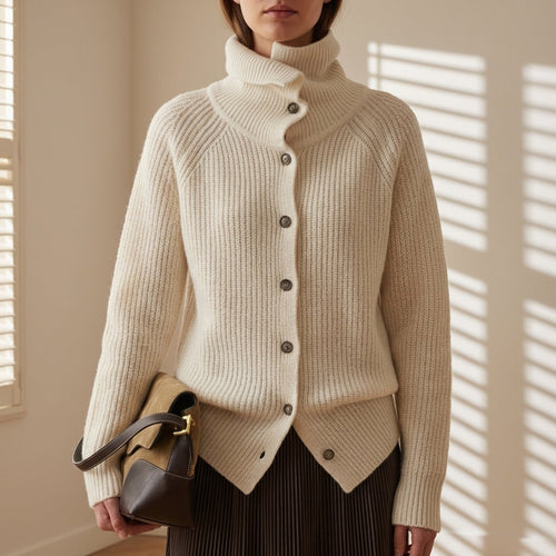 Ivory chunky knit cardigan with button-front and funnel neck, front view