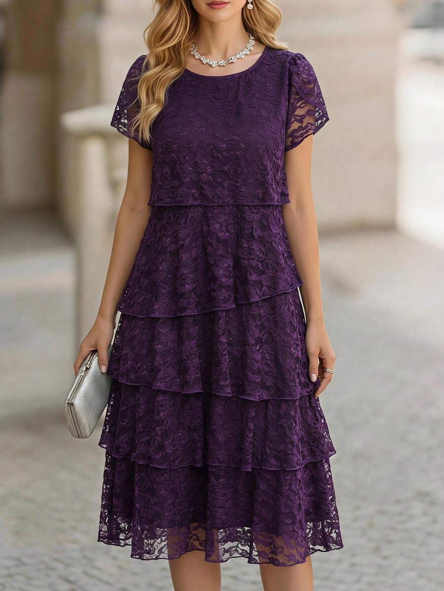 Round Neck Petal Sleeve Midi Tea Dress with Layered Ruffle Hem
