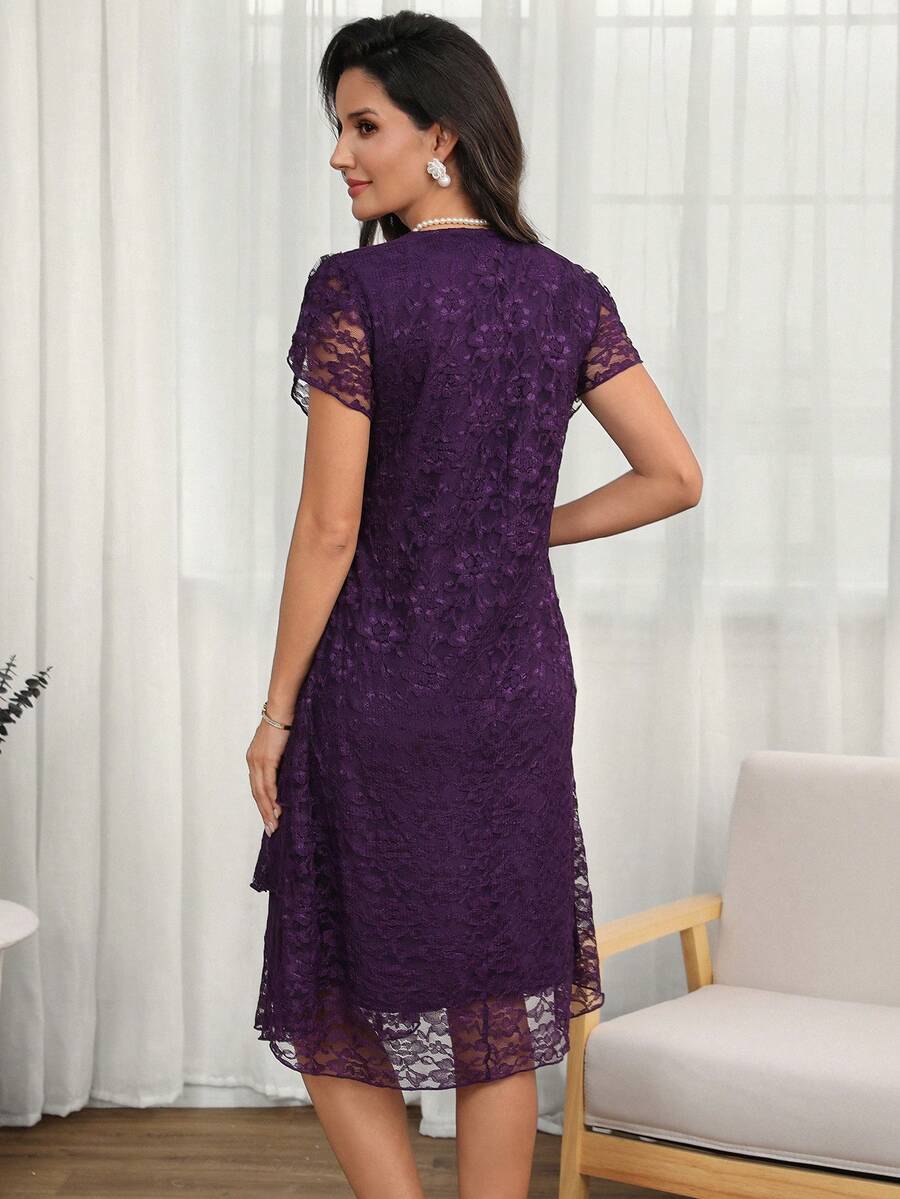 Round Neck Petal Sleeve Midi Tea Dress with Layered Ruffle Hem