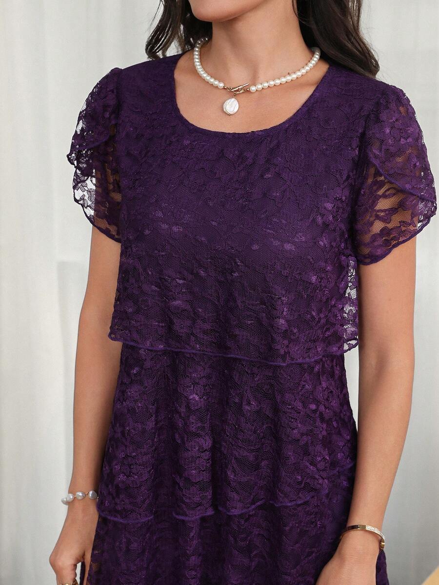 Round Neck Petal Sleeve Midi Tea Dress with Layered Ruffle Hem