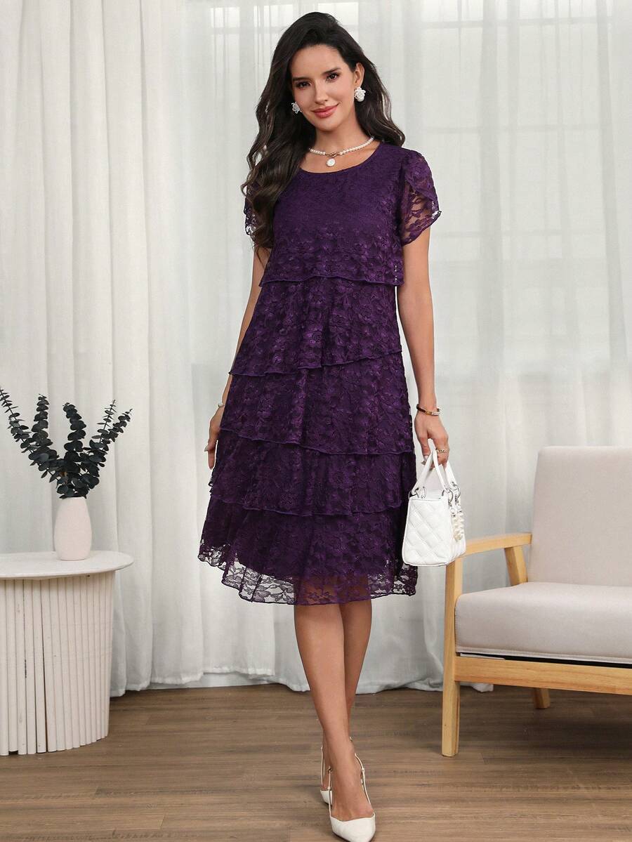 Round Neck Petal Sleeve Midi Tea Dress with Layered Ruffle Hem