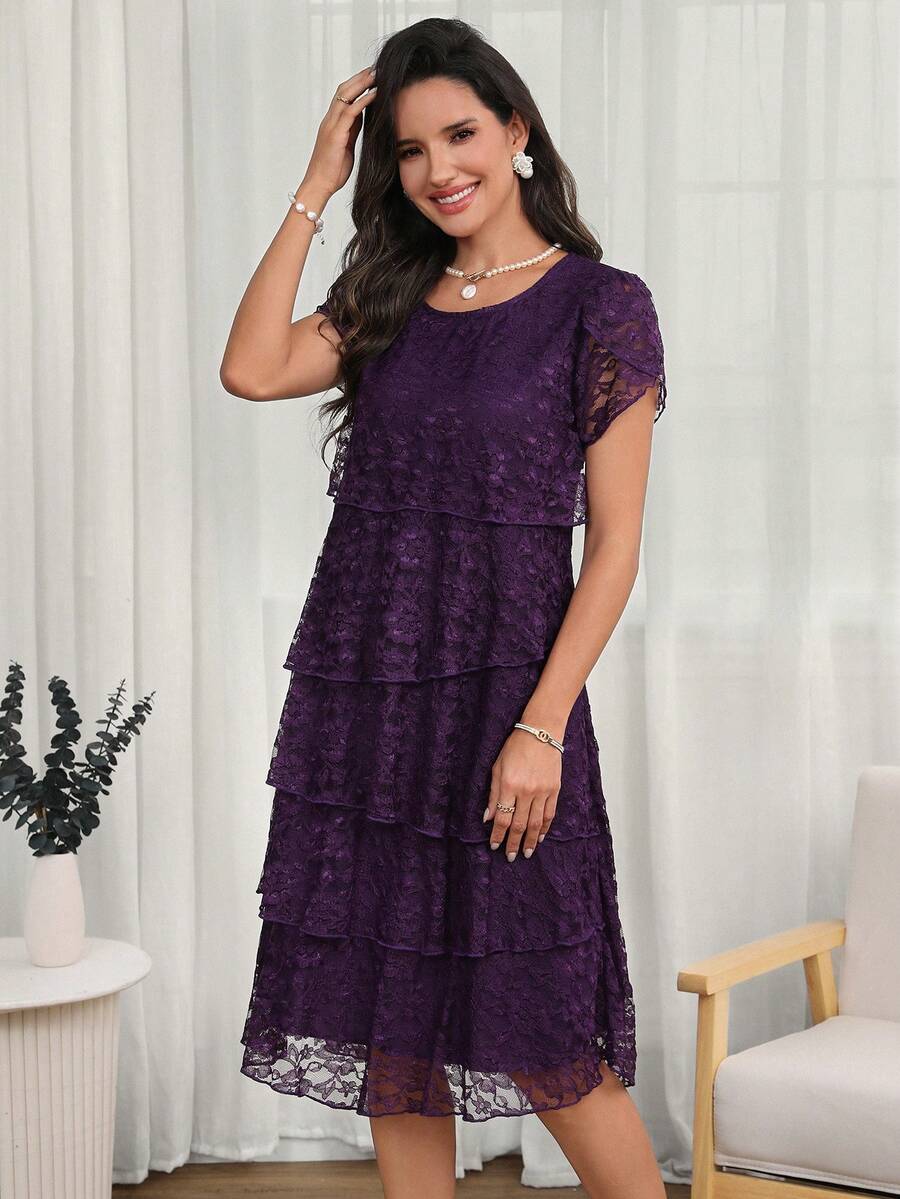Round Neck Petal Sleeve Midi Tea Dress with Layered Ruffle Hem