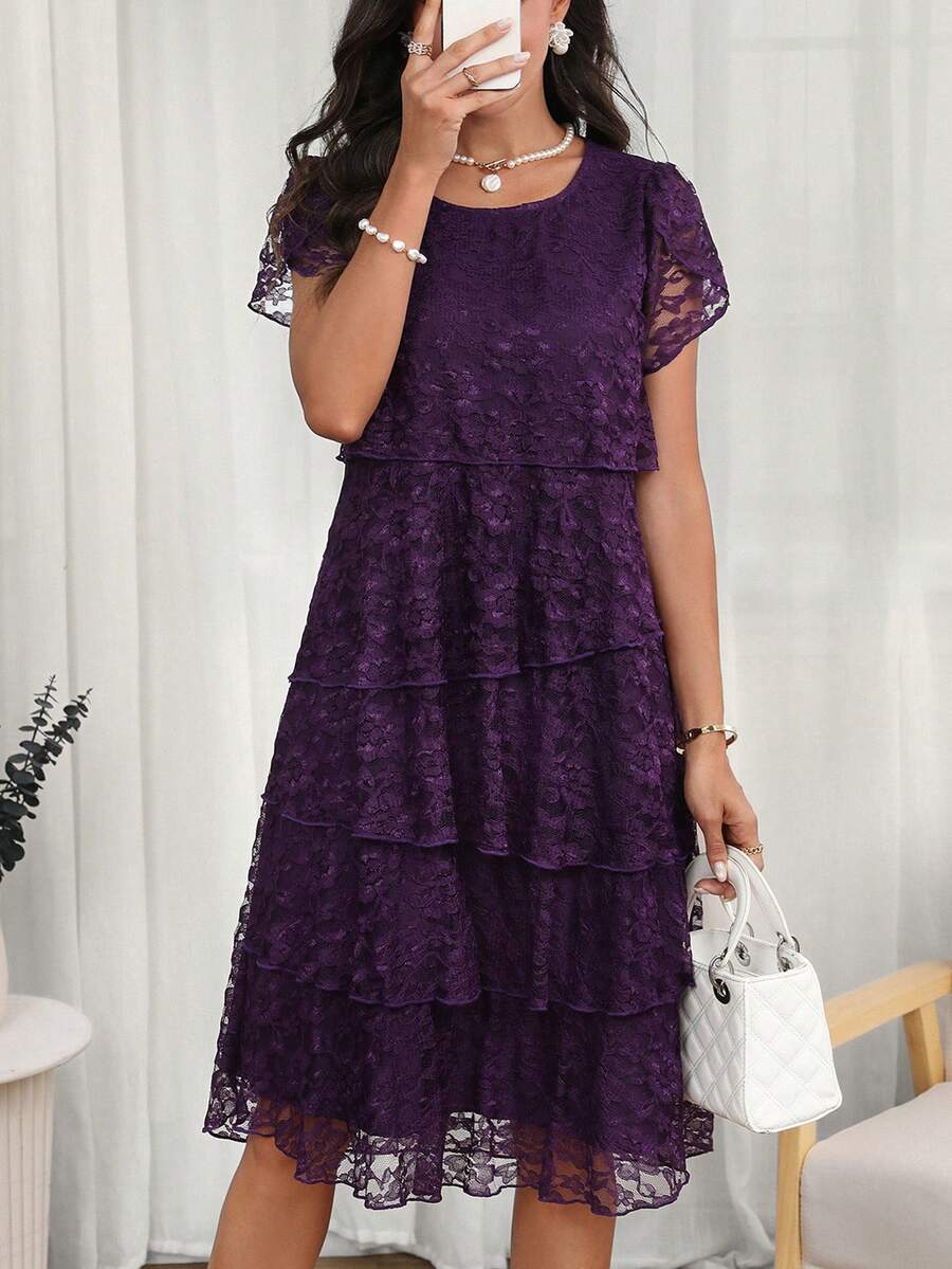 Round Neck Petal Sleeve Midi Tea Dress with Layered Ruffle Hem