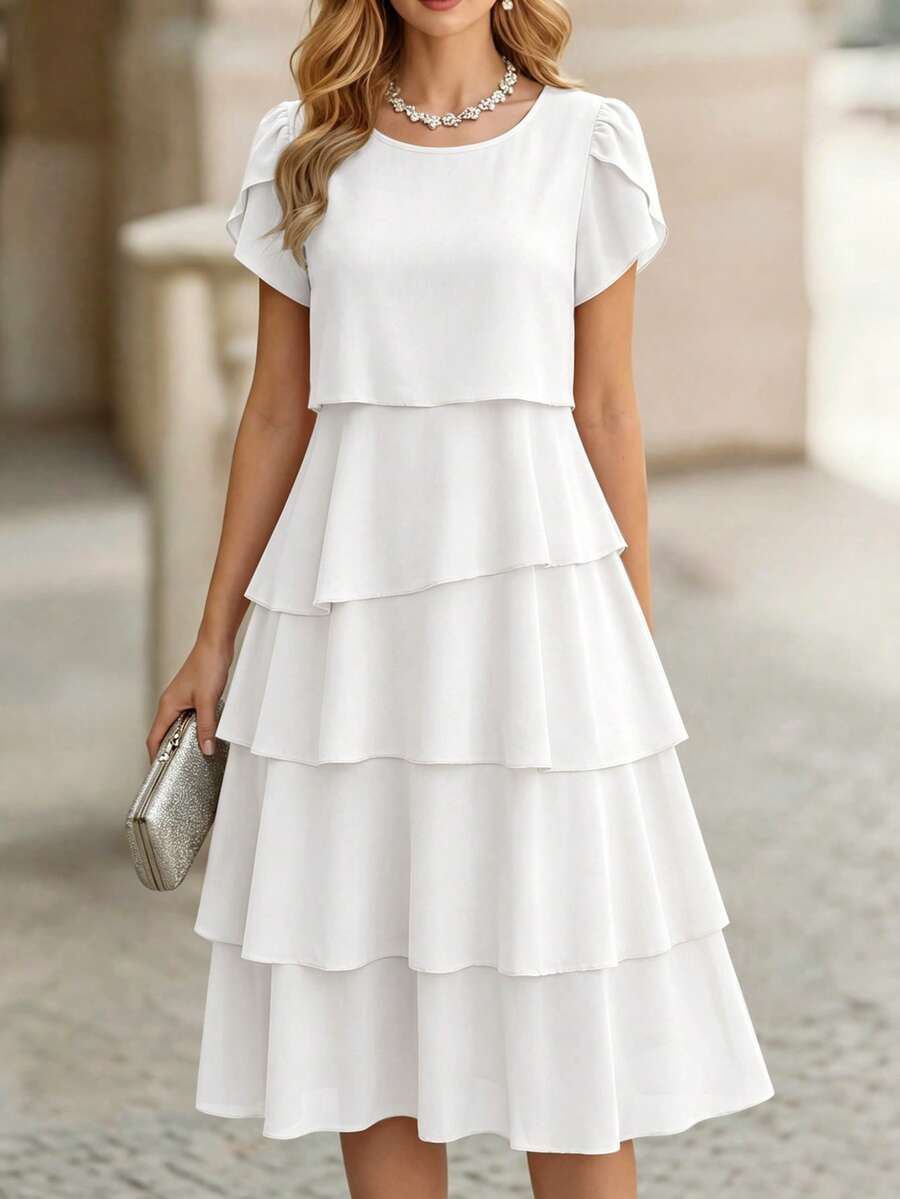 Round Neck Petal Sleeve Midi Tea Dress with Layered Ruffle Hem