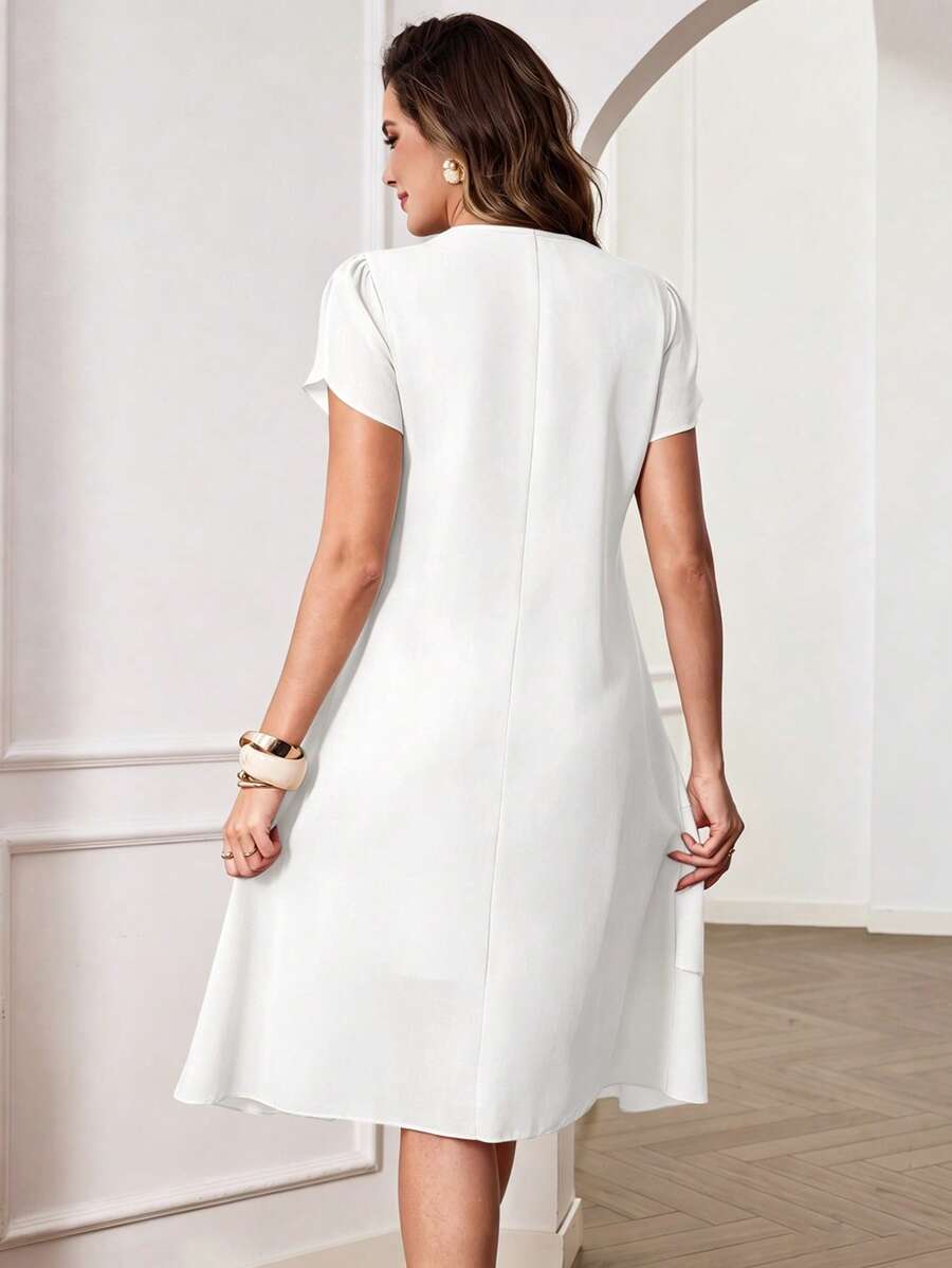 Round Neck Petal Sleeve Midi Tea Dress with Layered Ruffle Hem