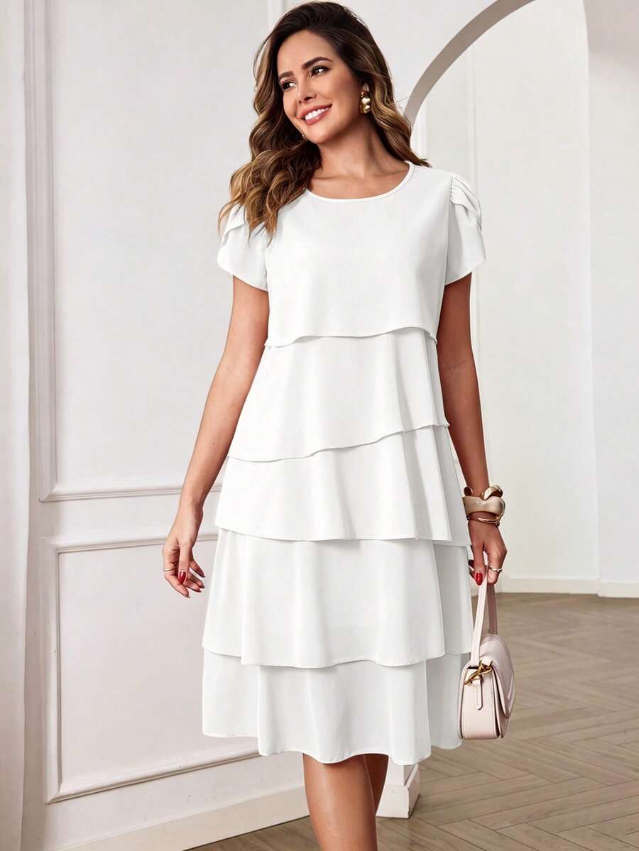 Round Neck Petal Sleeve Midi Tea Dress with Layered Ruffle Hem