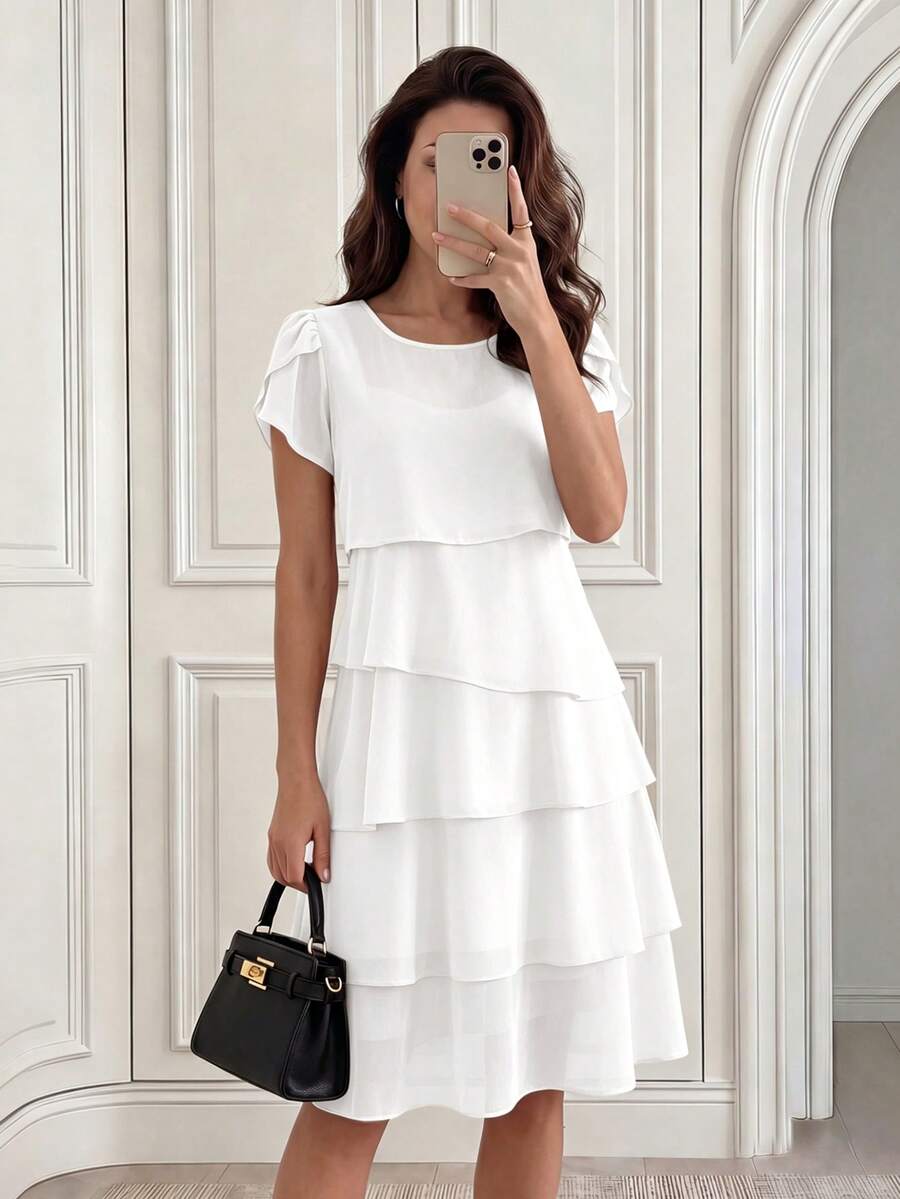 Round Neck Petal Sleeve Midi Tea Dress with Layered Ruffle Hem