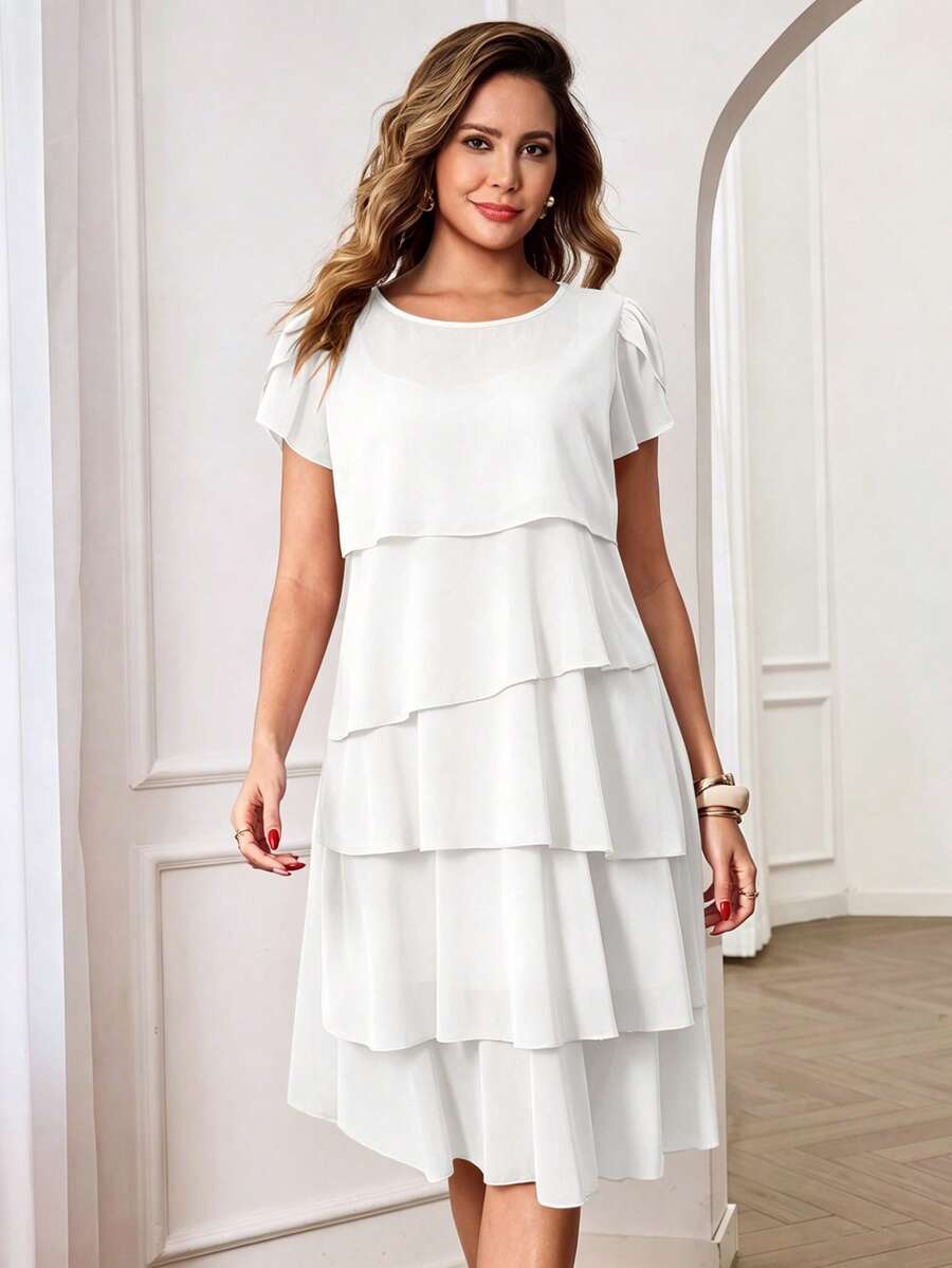 Round Neck Petal Sleeve Midi Tea Dress with Layered Ruffle Hem