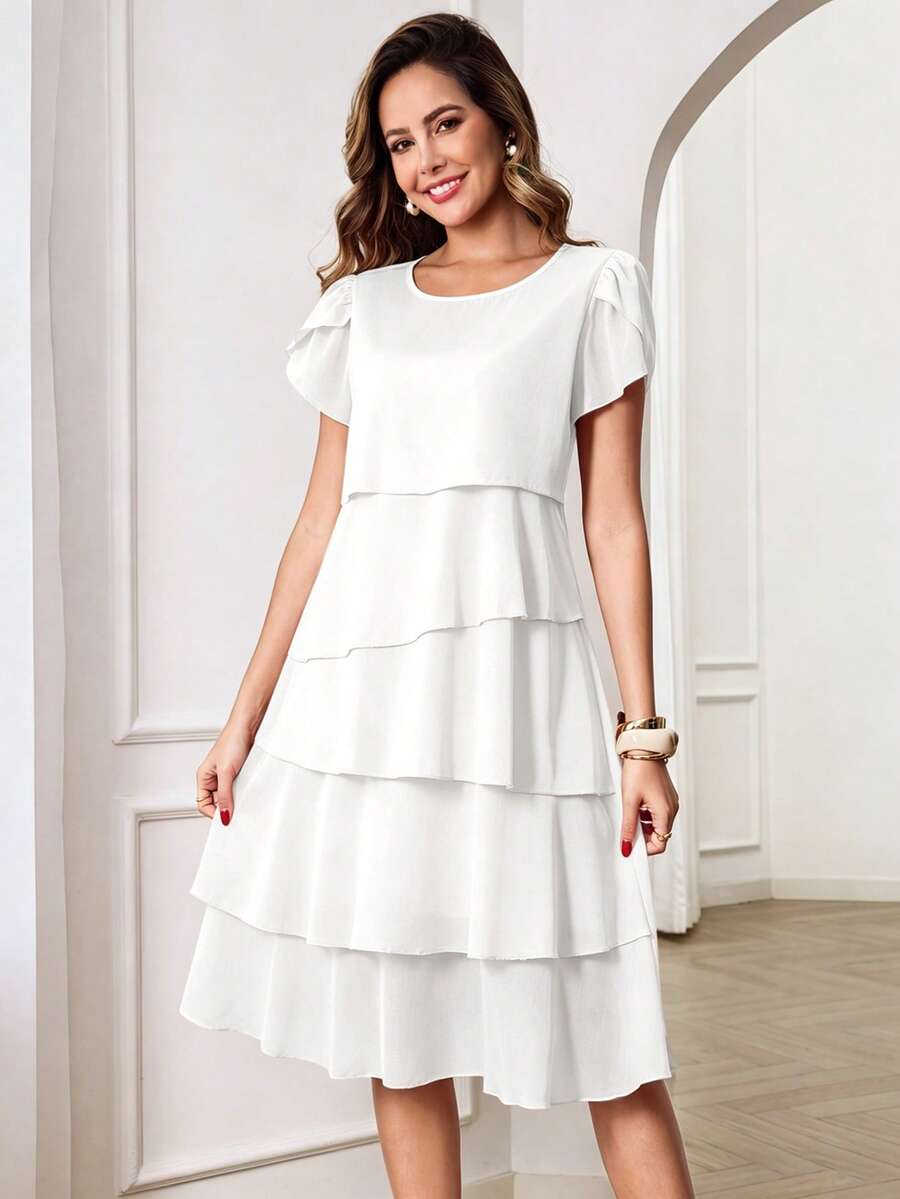 Round Neck Petal Sleeve Midi Tea Dress with Layered Ruffle Hem