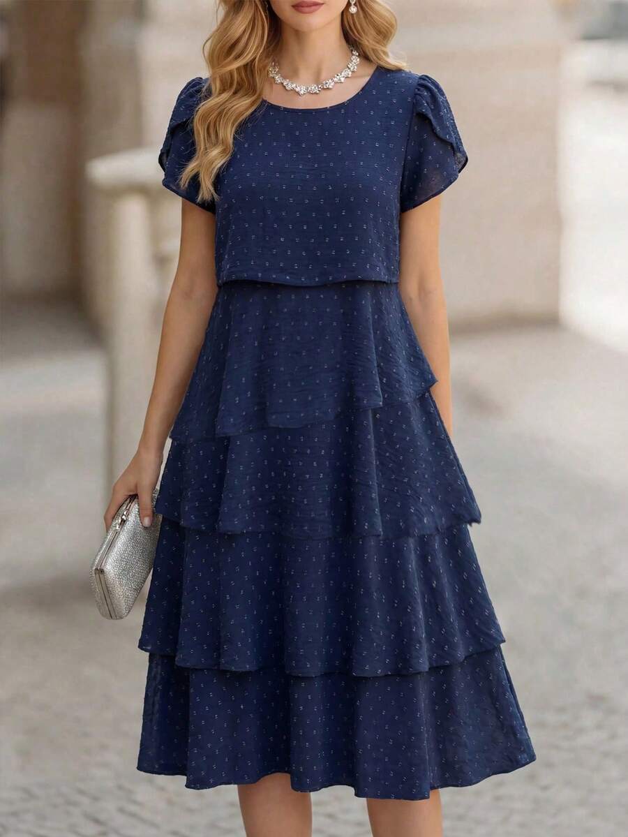 Round Neck Petal Sleeve Midi Tea Dress with Layered Ruffle Hem