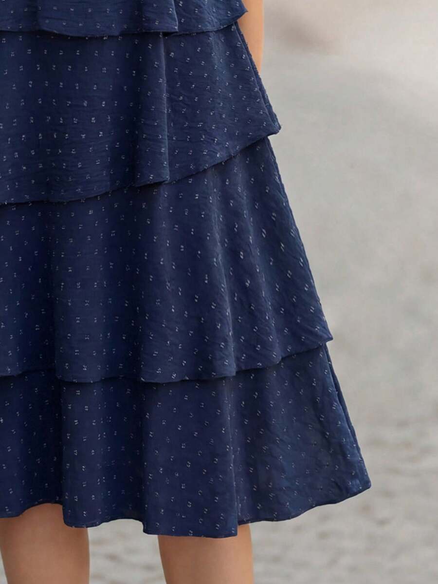 Round Neck Petal Sleeve Midi Tea Dress with Layered Ruffle Hem