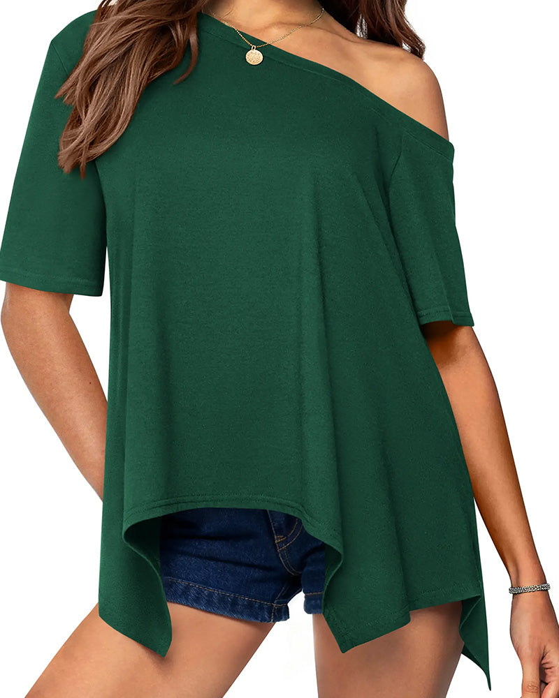 Women's Asymmetric Off-Shoulder Short-Sleeve Blouse — worn on model