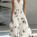 Backless Ruched Floral Patchwork Flared Maxi Dress in Coffee Brown, full length view