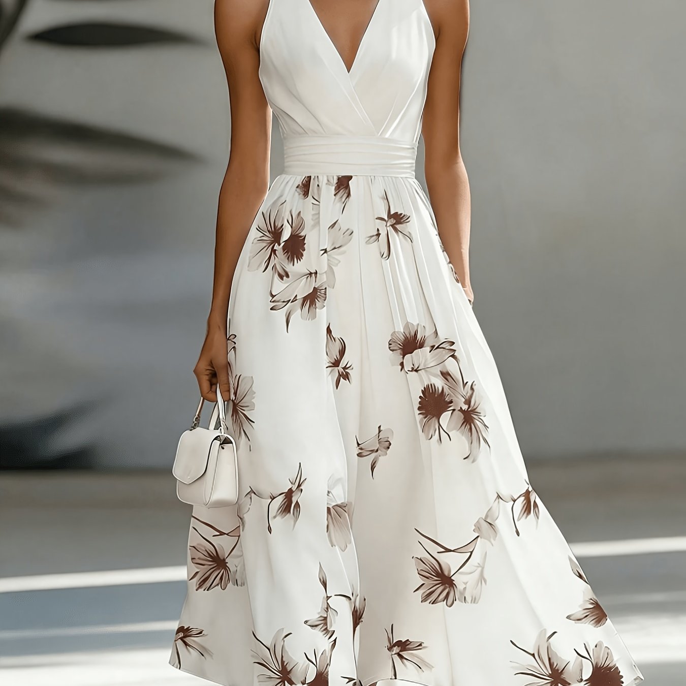 Backless Ruched Floral Patchwork Flared Maxi Dress in Coffee Brown, full length view