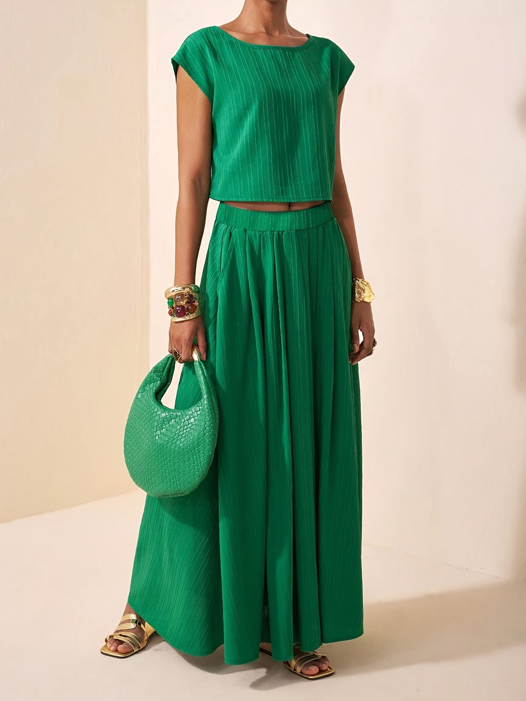 Striped Top & Pleated Maxi Skirt Co-ord Set in Red, back view